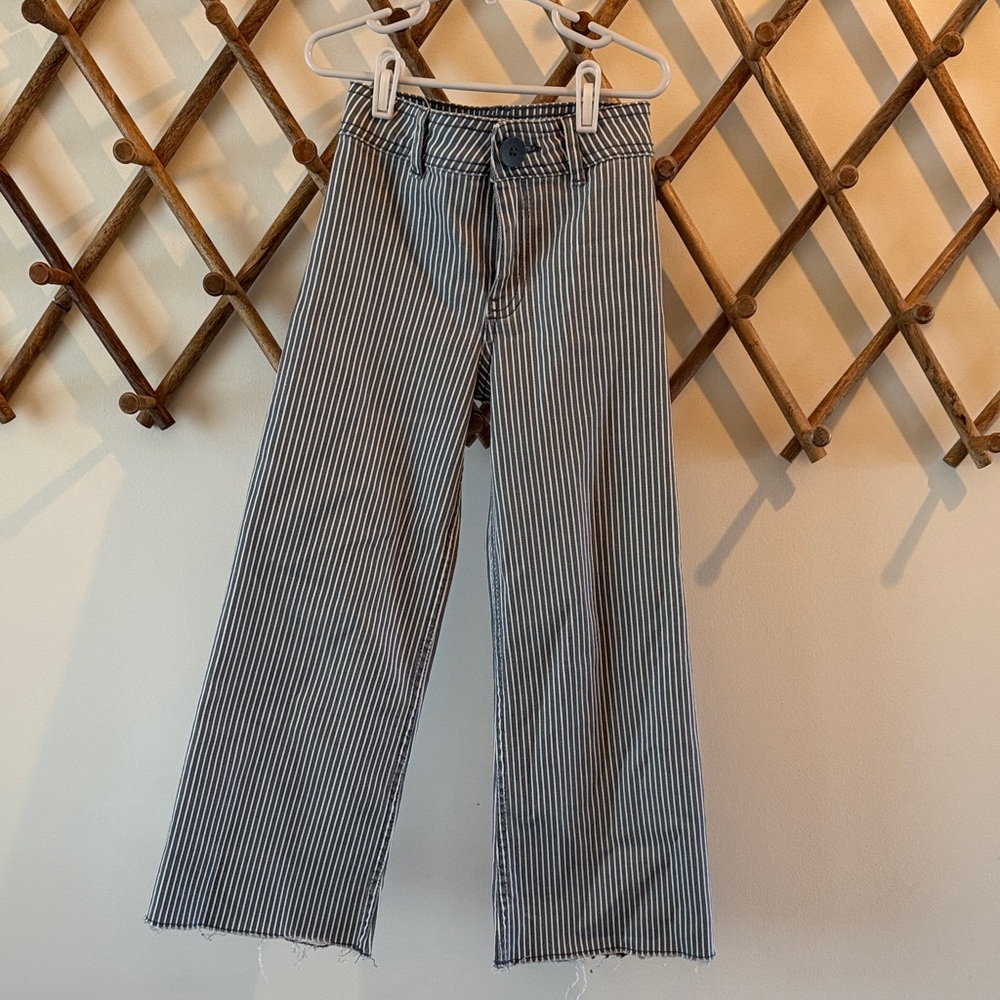 Zara Girl’s Railroad Stripe Marine Jeans Wide-Leg Pants in Denim & White